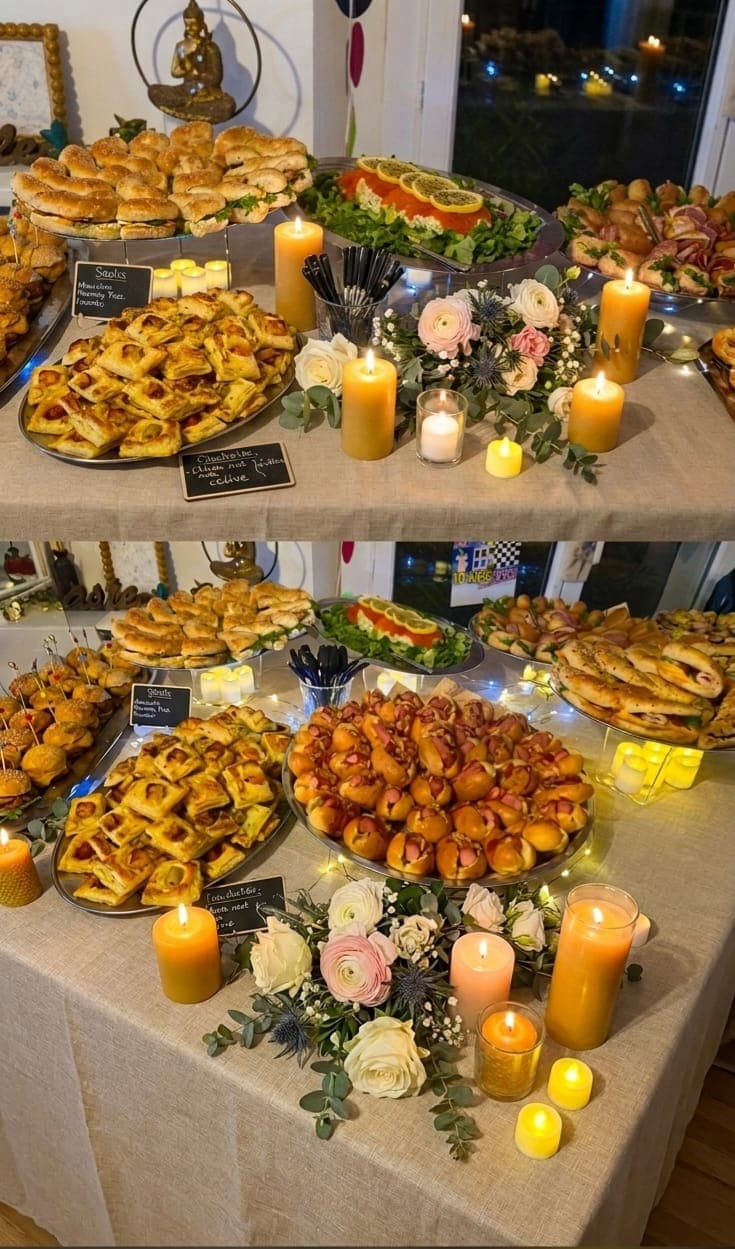 Buffet garni de plateaux de feuilletés et de viennoiseries salées, entouré de bougies et de fleurs