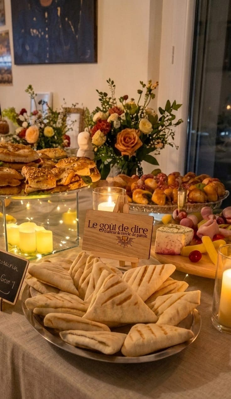 Plateau de pains et de feuilletés devant un bouquet de fleurs et des bougies allumées