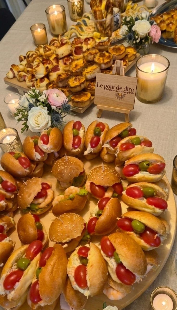 Grand plateau de mini-sandwichs garnis de tomates cerises et d'olives