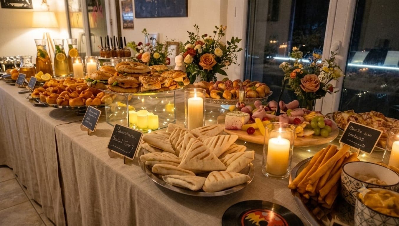 Vue en longueur du buffet dressé sur une nappe claire, bougies allumées et bouquets de fleurs